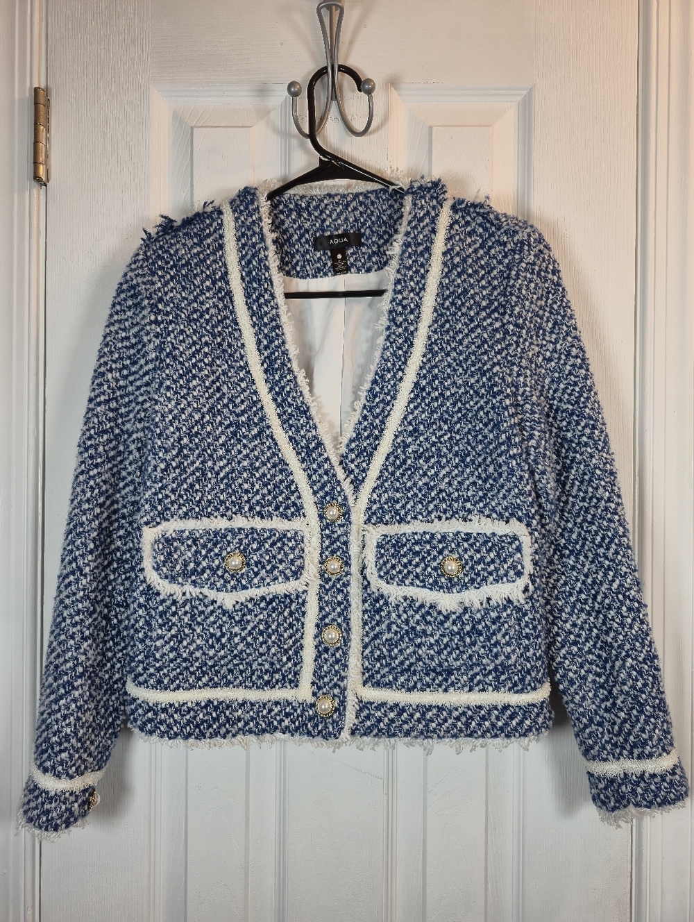 AQUA Blue & White Tweed Fringed Jacket Pearl Buttons Size XS Chanel Style